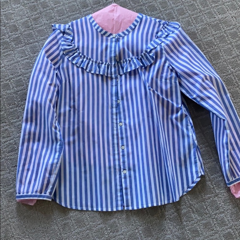 Striped button down shirt with ruffle detail
